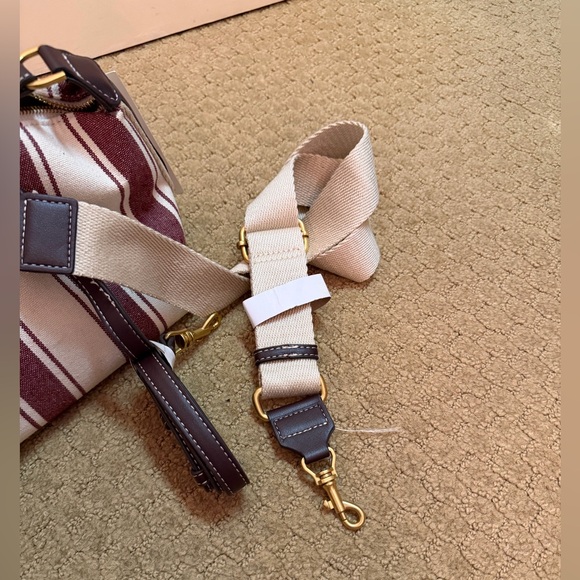 Zara Burgundy and White Striped Handle Bag with brown accents and 2 straps - Picture 5 of 6